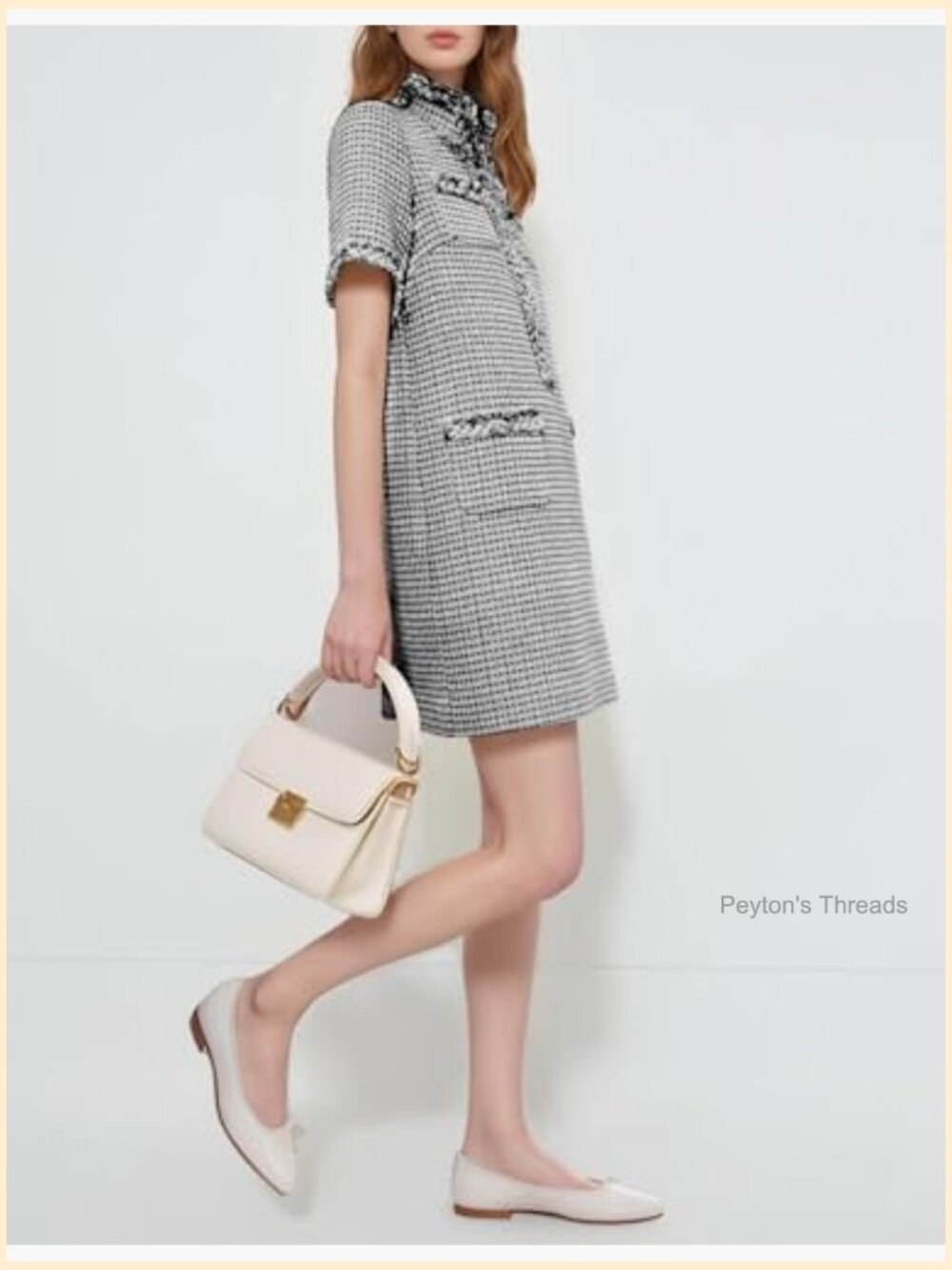 Tweed Shift Mini Dress Short Sleeve V-Neck Work Cocktail Party - Picture 3 of 7